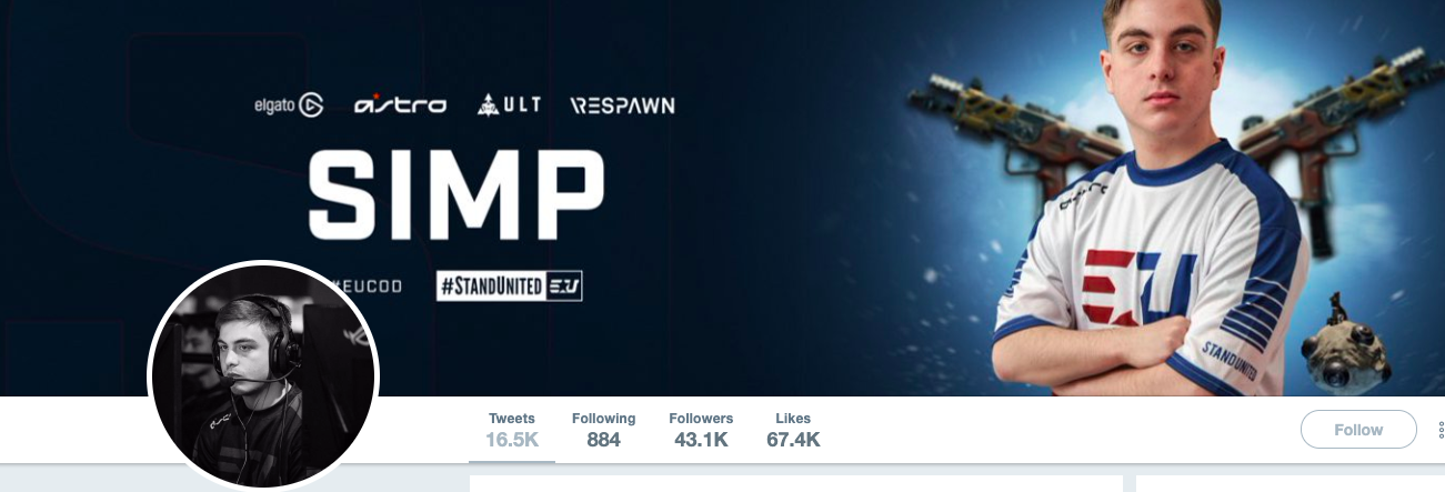 Simp's Twitter header is him standing cross-armed in front of COD guns on the right.