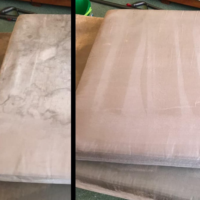 Before and after of a cleaned couch cushion