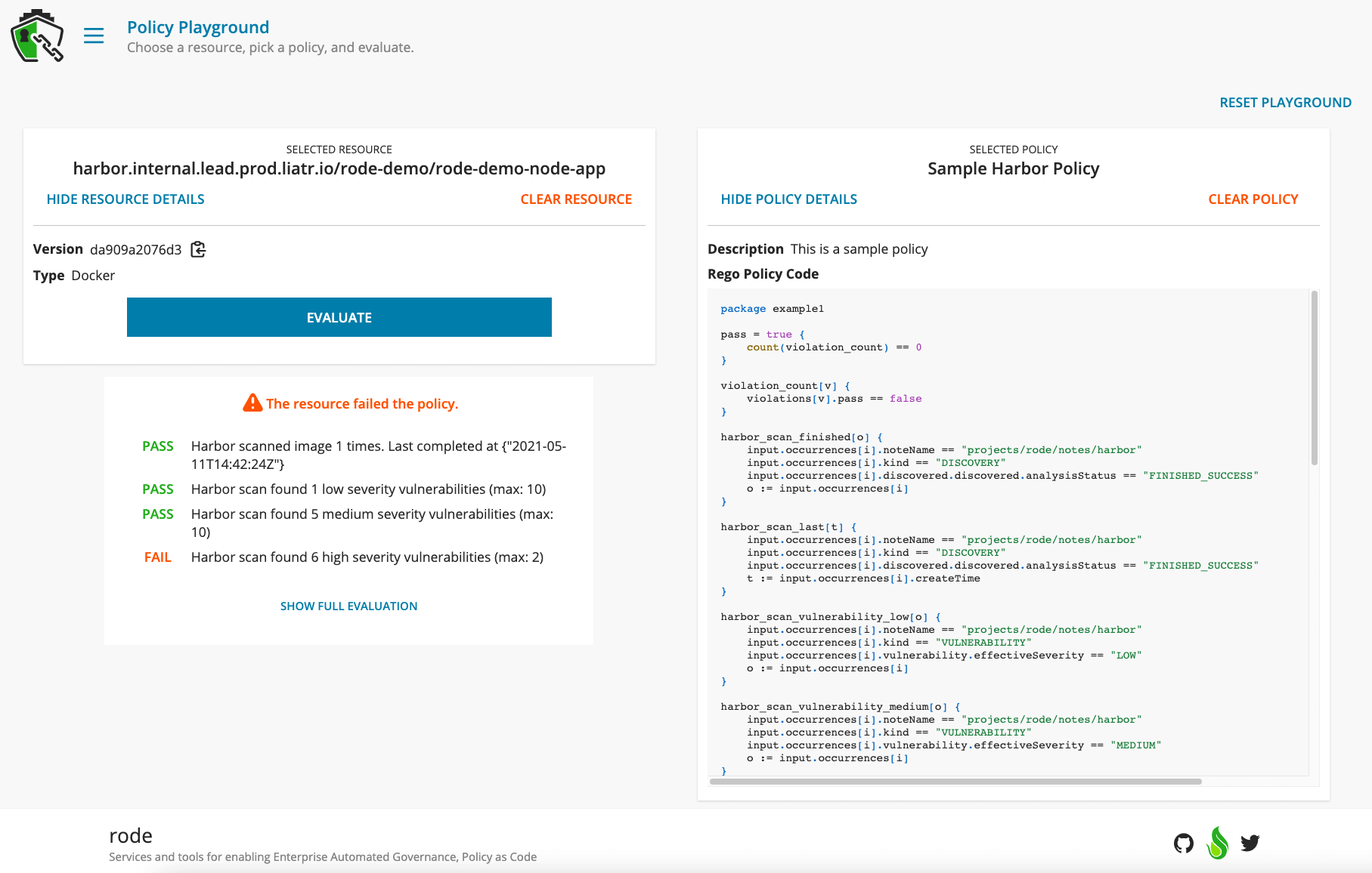 A screenshot of Rode demonstrating Policy as Code.