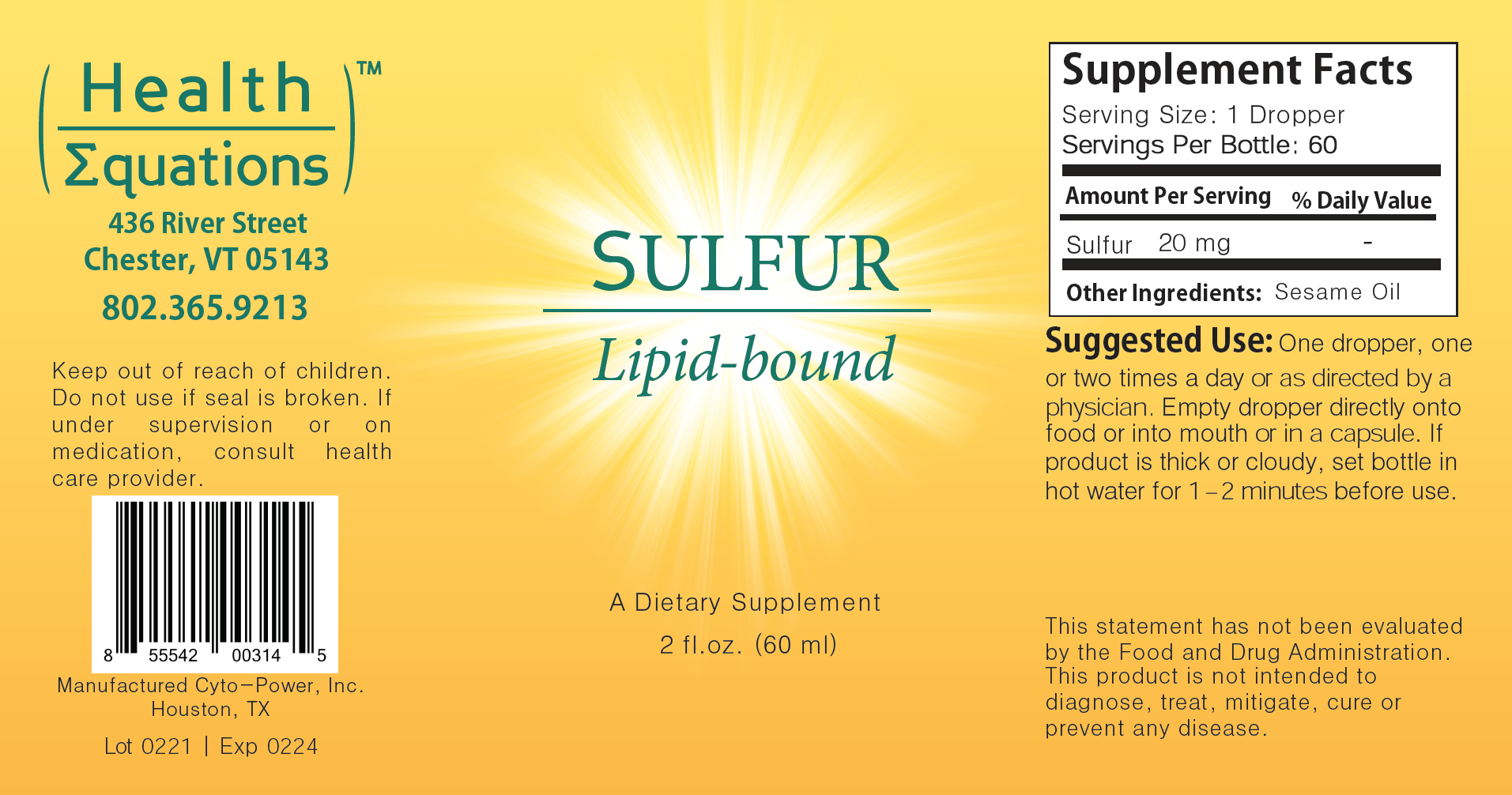 Lb Sulfur label by Health Equations