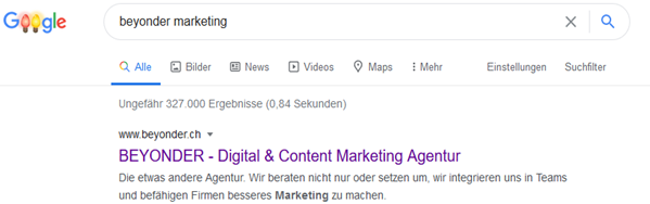 Google SERP Ergebnis zu "BEYONDER MARKETING"