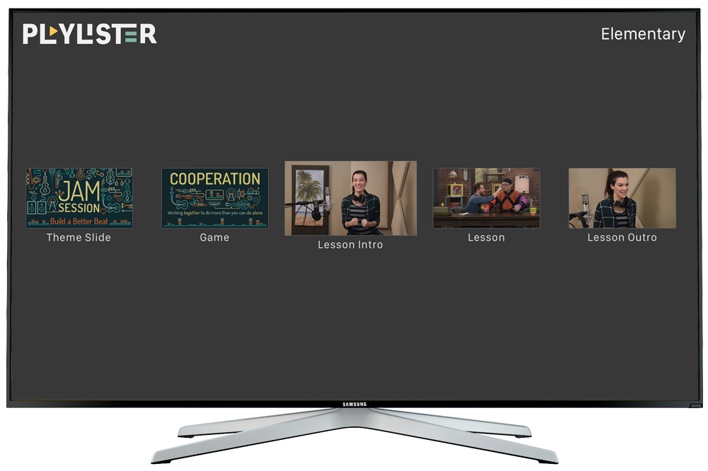Mockup of the Playlister user interface showing different categories of playlists for elementary classes.