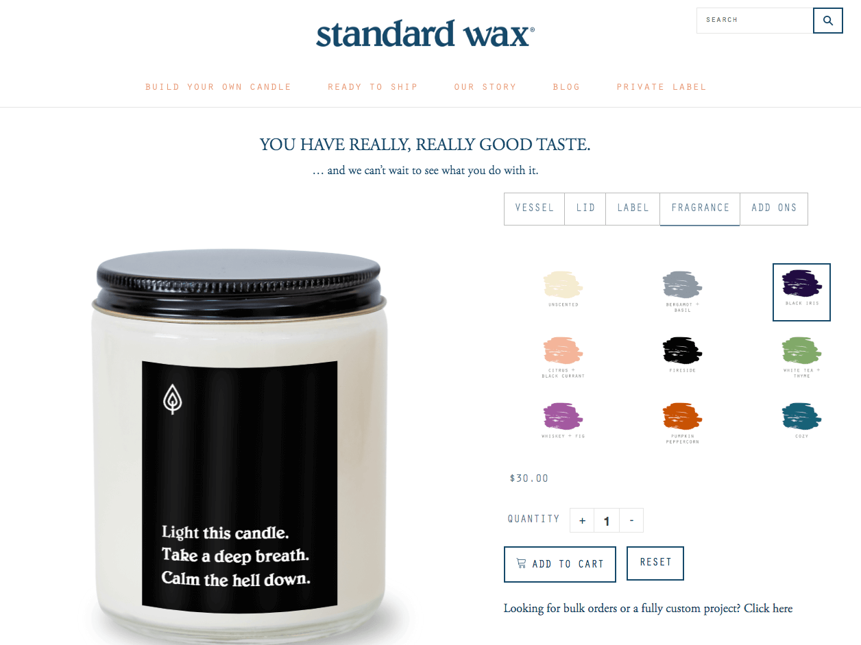 standard wax's candle ordering page