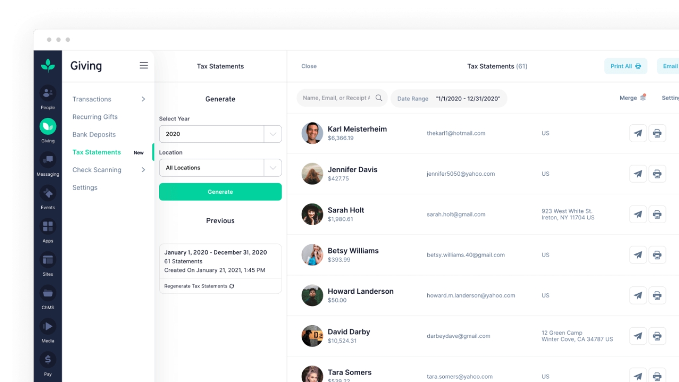 Tithely app dashboard