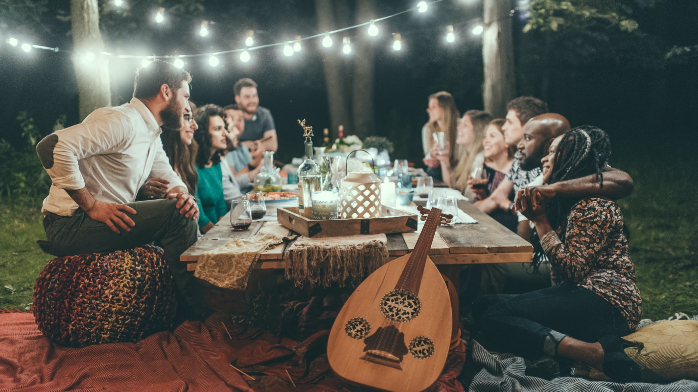 Church group gathering at someones home outside