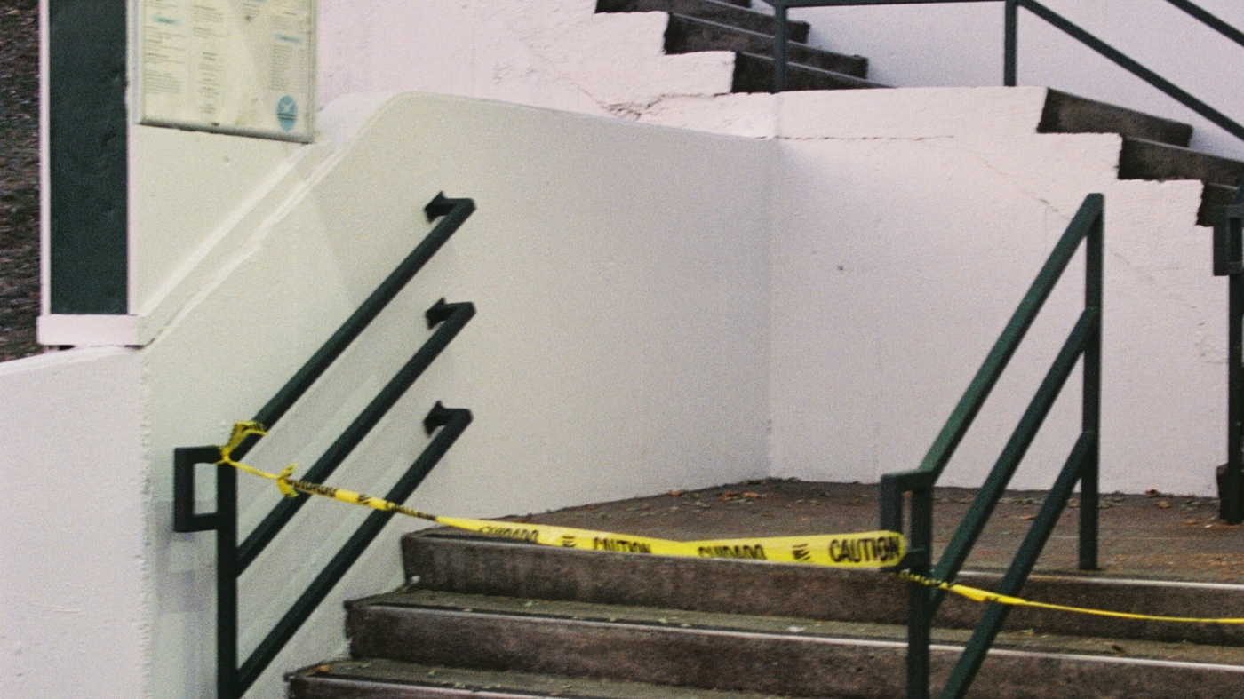 Adding caution tape to the stair probelm areas