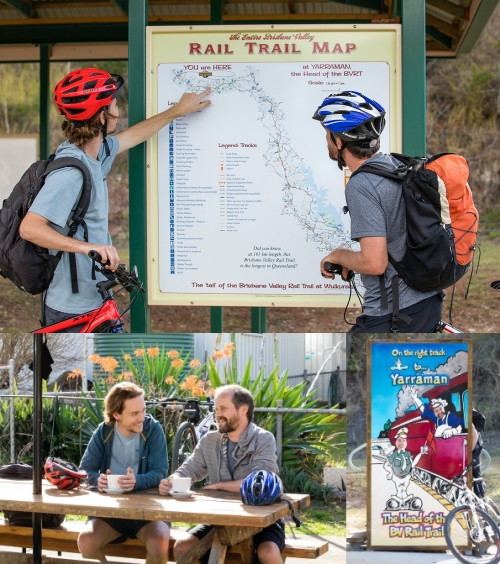 Top: Photo of 2 men from behind with bikes looking at a map. Bottom left: Photo of 2 men sitting at an outdoor table drinking coffee. Bottom right: Photo of a colourful sign with images and text