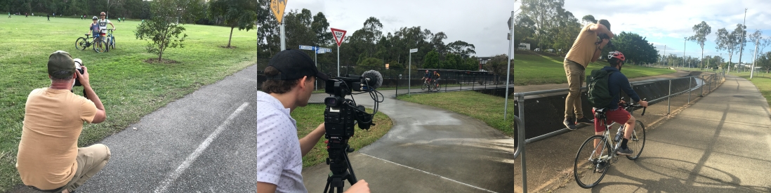 Left: Photo of a man with a camera taking photos of 2 children with bikes. There is grass in the background. Centre: Man with camera equipment filming people riding their bikes. Right: Man with a camera taking close up photos of another man on a bike.