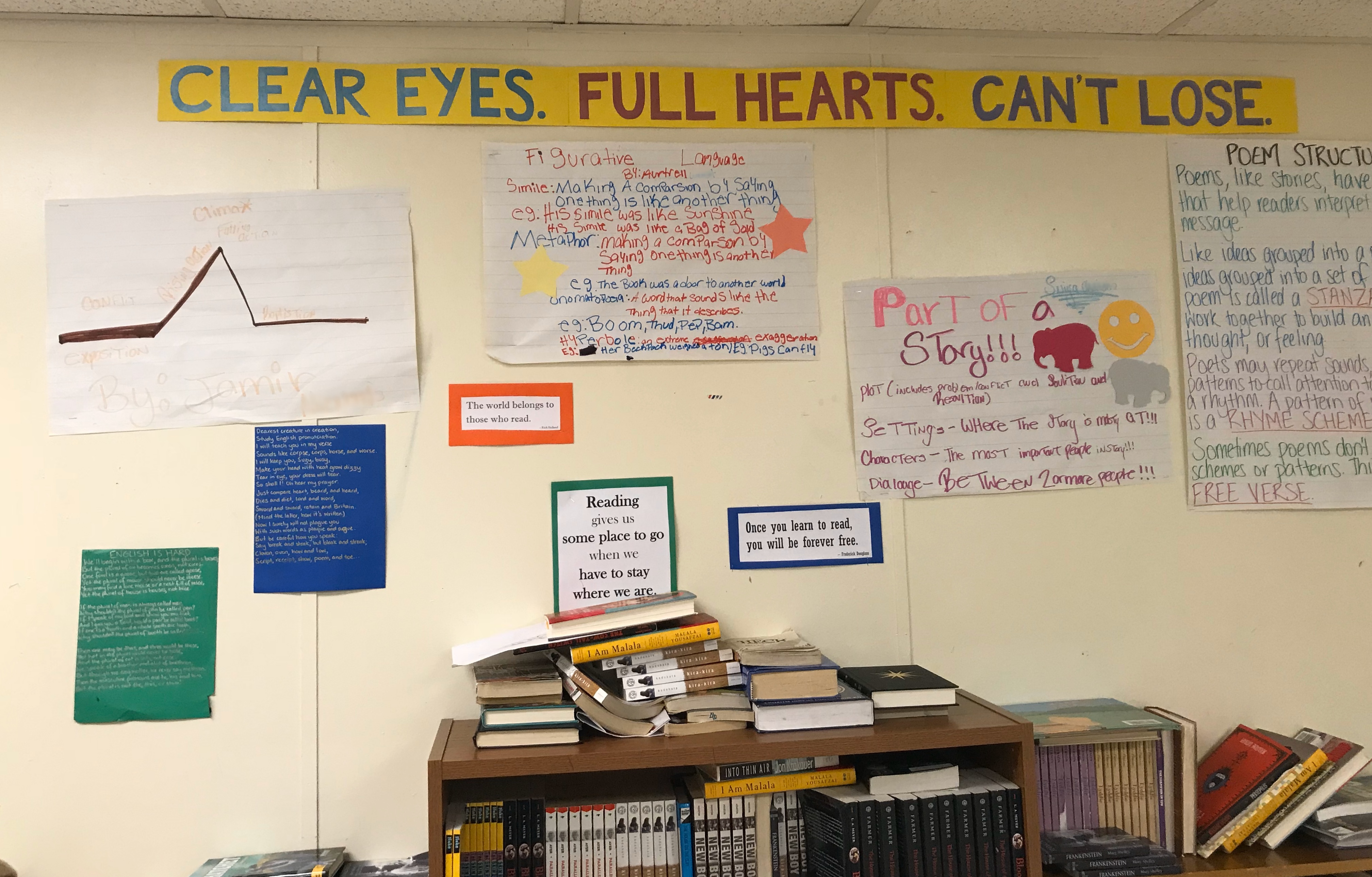 Wall covered in handmade posters. Banner at the top says “CLEAR EYES. FULL HEARTS. CAN’T LOSE.”. Headings on posters say “Figurative Language”, “Part of a story” and “POEM STRUCTURE”. Below the posters are the tops of some bookshelves, covered in piles of books.