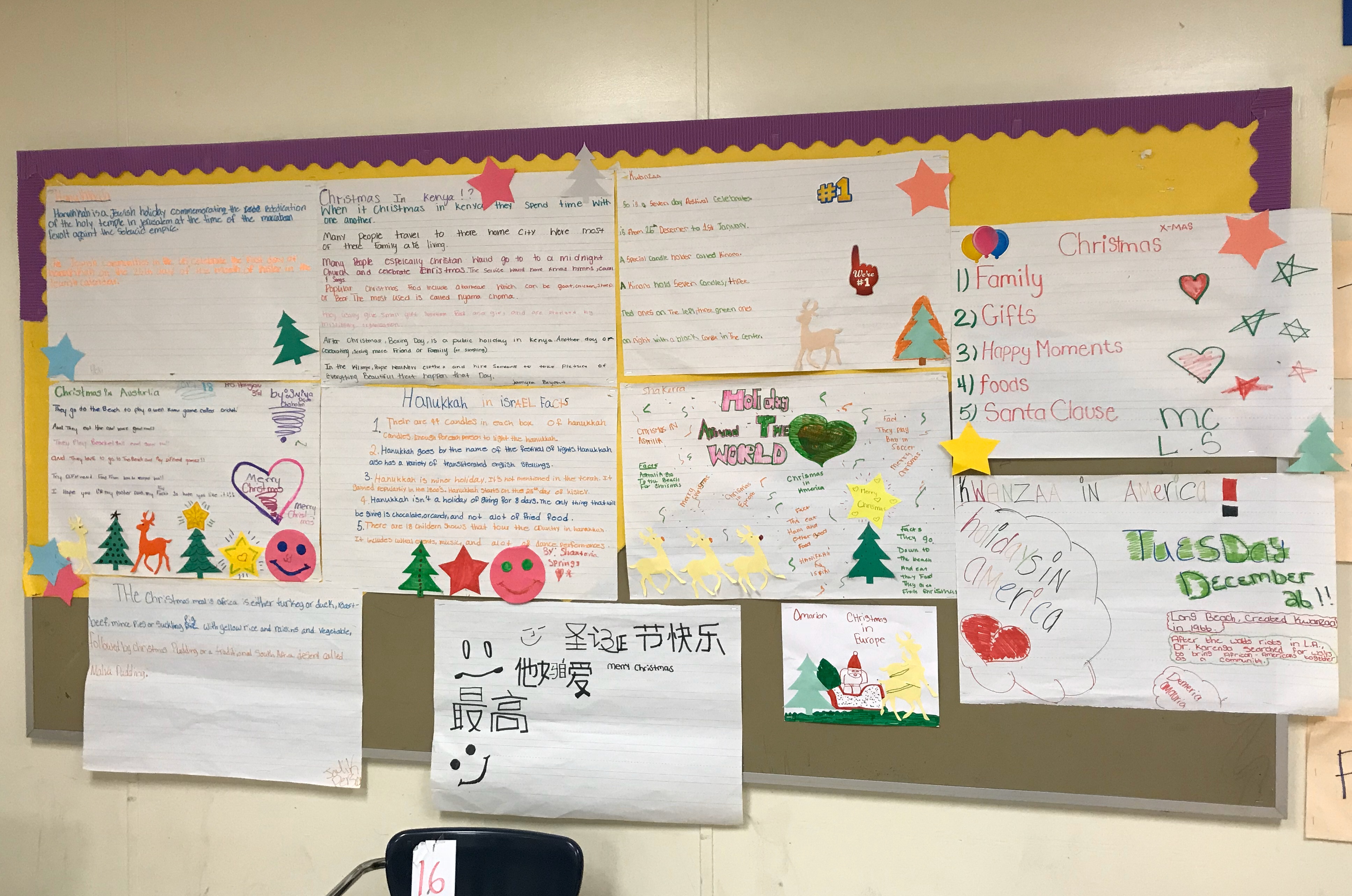 A classroom pinboard. There is some coloured paper backing and border, but most has been torn away. The board is covered with posters with colourful handwriting and paper cut-outs in the shape of Christmas trees, stars, and reindeer.