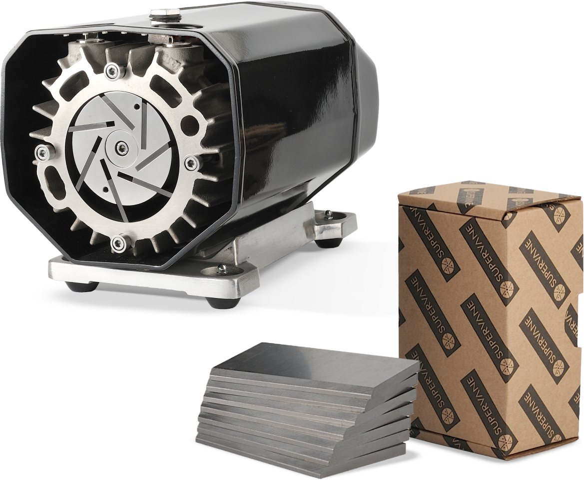 An open rotary vane vacuum pump with open super vane carbon vanes.