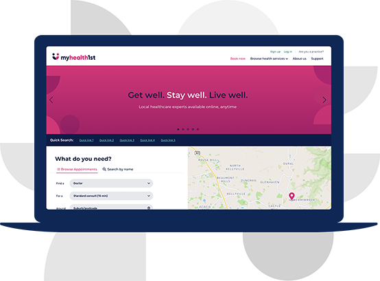 MyHealth1st booking portal UI on laptop