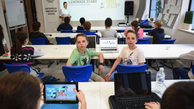 Twins Lachlan (left) and Oliver Skerritt, 11, at the two day business school for kids, Lemonade Stand, run by Collective ...