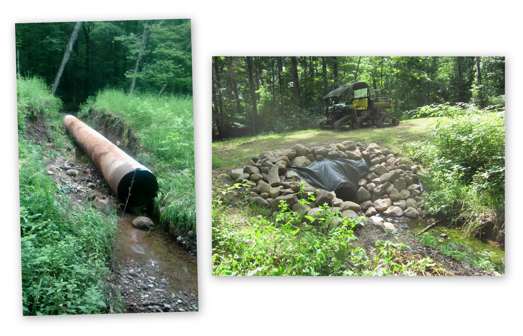 Blue Hills Trail summer 2016 showing blown out culvert before and after repair