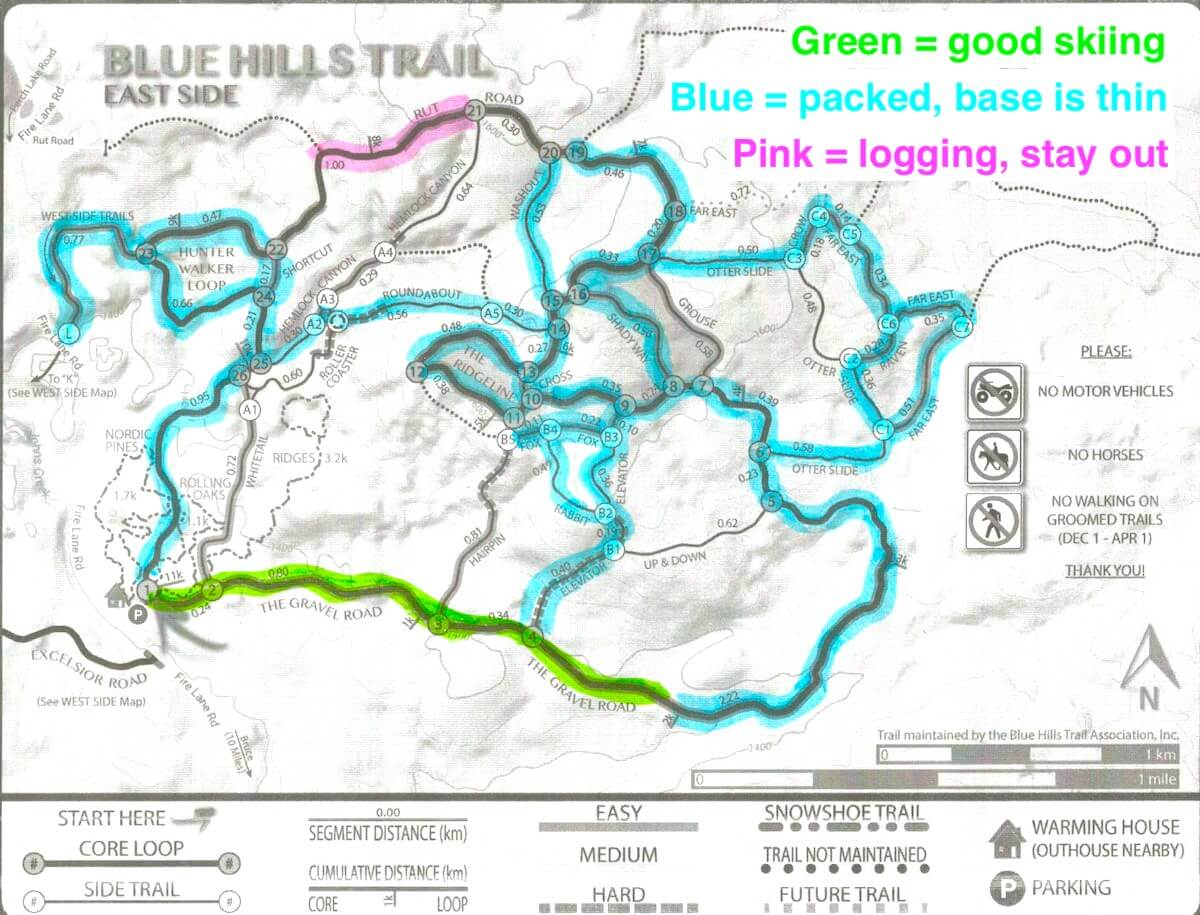 map showing groomed trails on the East Side of the Blue Hills Trail