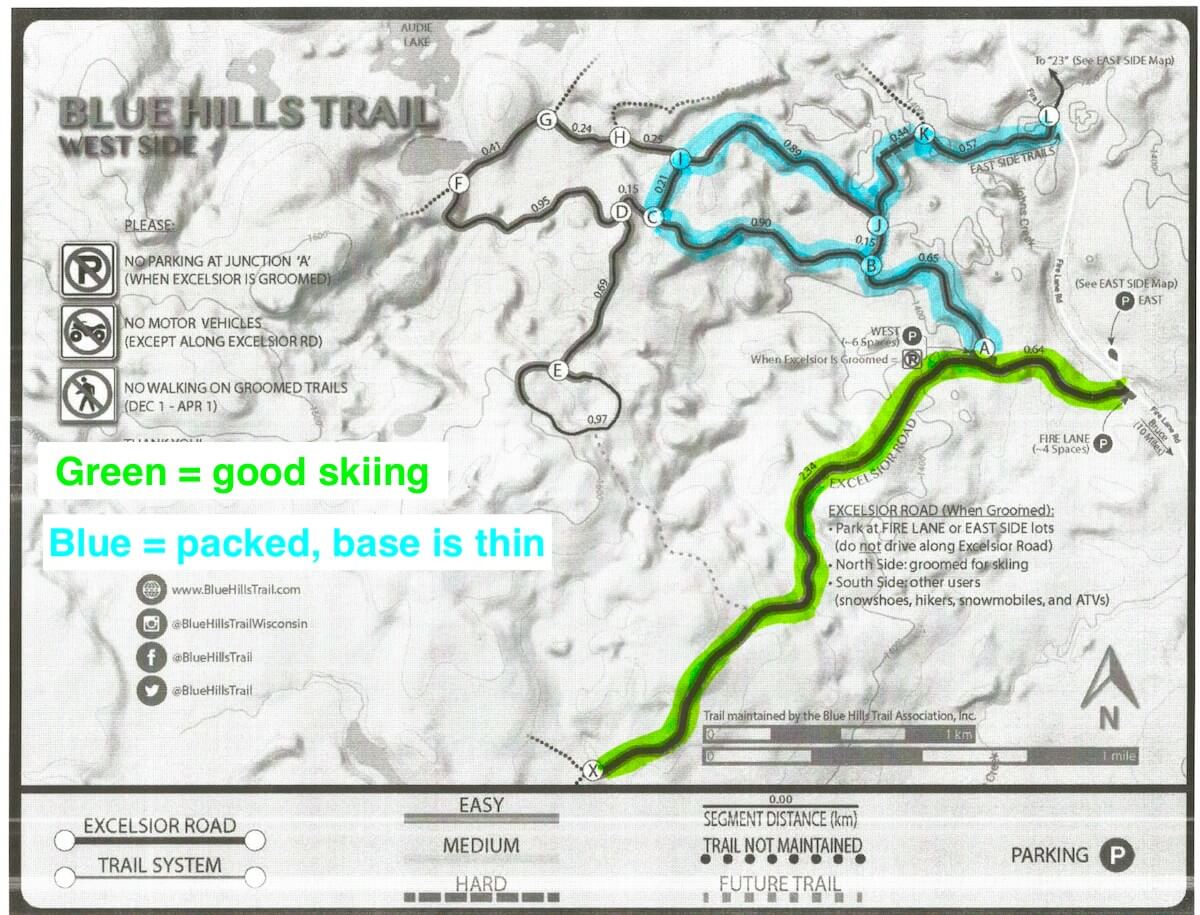 map showing groomed trails on the West Side of the Blue Hills Trail