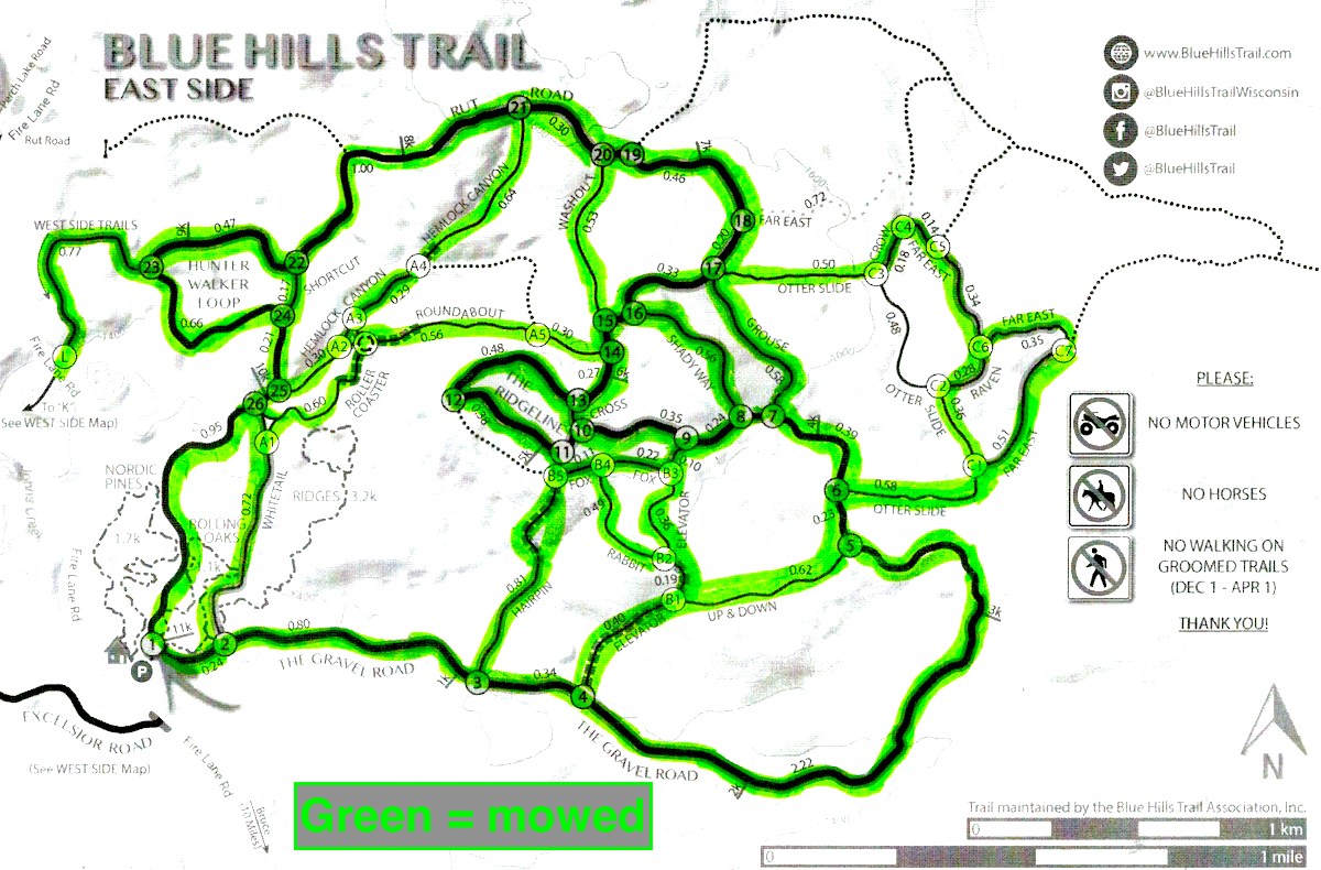 Map showing mowed trails at the Blue Hills Trail