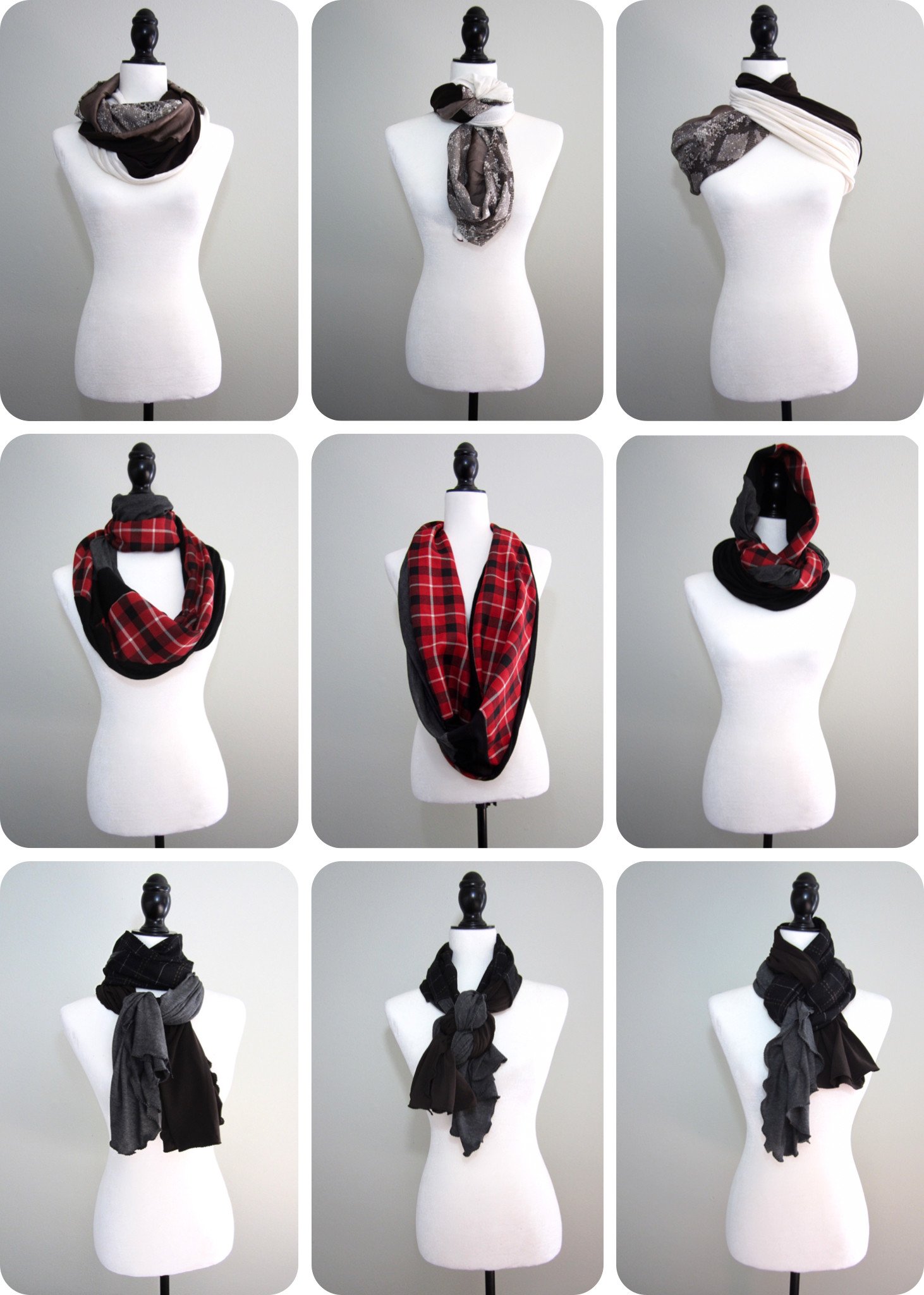 collage of different ways to wrap a scarf