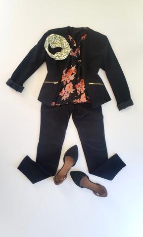 flat lay: black blazer, black and pink, floral, button up blouse, black, corduroy, skinny jeans, pointed toe, black flats, and green Regenerous Designs headband