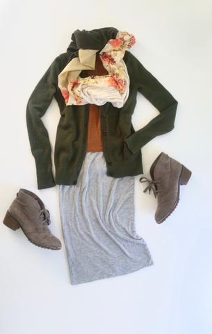 flat lay: orange, knit tee, green cardigan, gray, jersey knit midi skirt, beige booties, and Regenerous Designs floral scarf
