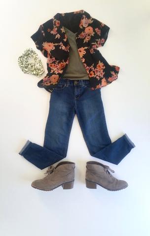flat lay: green camisole, black and pink, floral, button up blouse, denim skinny jeans, beige booties, green Regenerous Designs headband