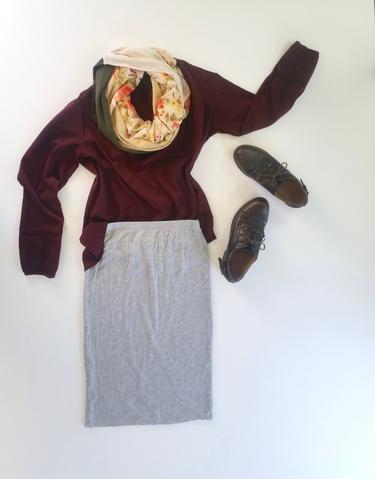 flat lay: wine colored, flowy blouse, gray, jersey skirt, brown oxfords, and a floral Regenerous Designs scarf