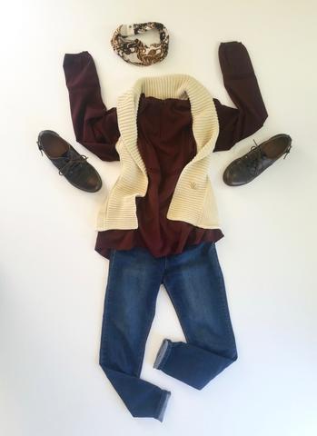 flat lay: wine colored, flowy blouse, cream, woven vest, denim skinny jeans, brown oxfords, and a brown Regenerous Designs headband