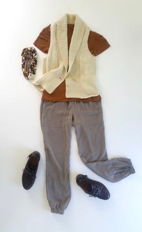 flat lay: orange, knit tee, gray jogger pants, cream, woven vest, brown oxfords, and a brown Regenerous Designs headband