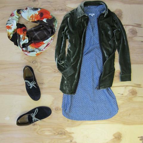 Whits polkadot denim shirt dress, moss green velvet zip up jacket, dark grey sued shoes, and Regenerous Designs watercolor floral brown plaid infinity scarf.