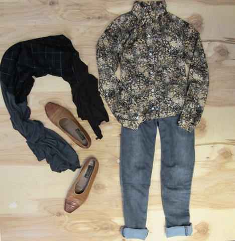 Grey denim pants, neutral floral print button up top, beige slip on dress shoes, and Regenerous Designs black plaid wrap scarf.