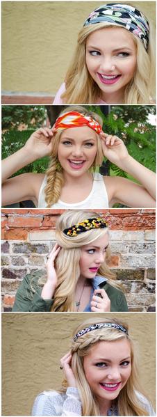 4 pics of a girl showing different ways to wear Regenerous Deigns headbands.