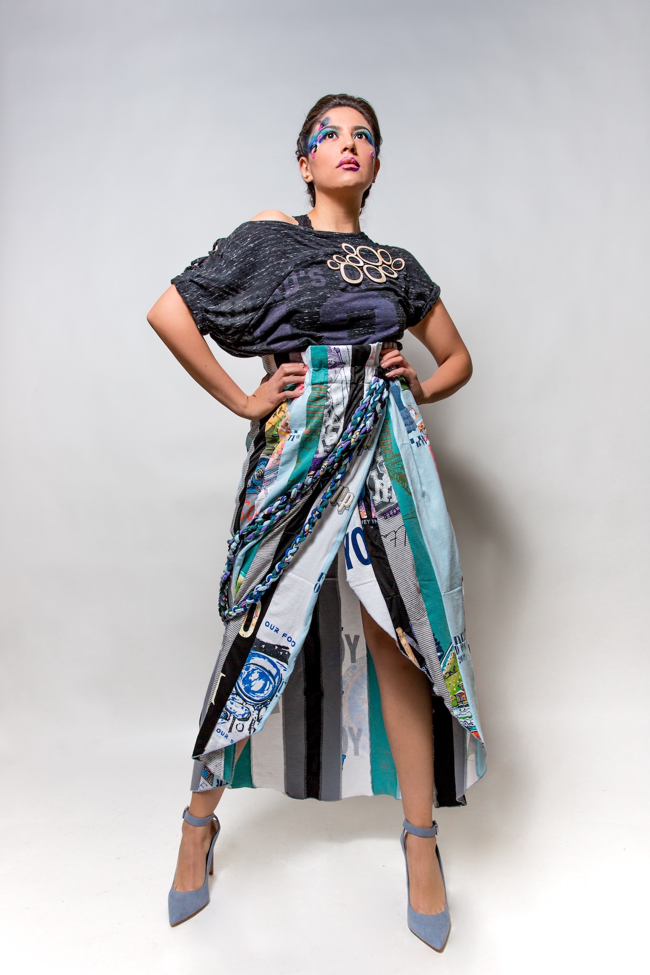 Upcycled wrap skirt made from test print t-shirts
