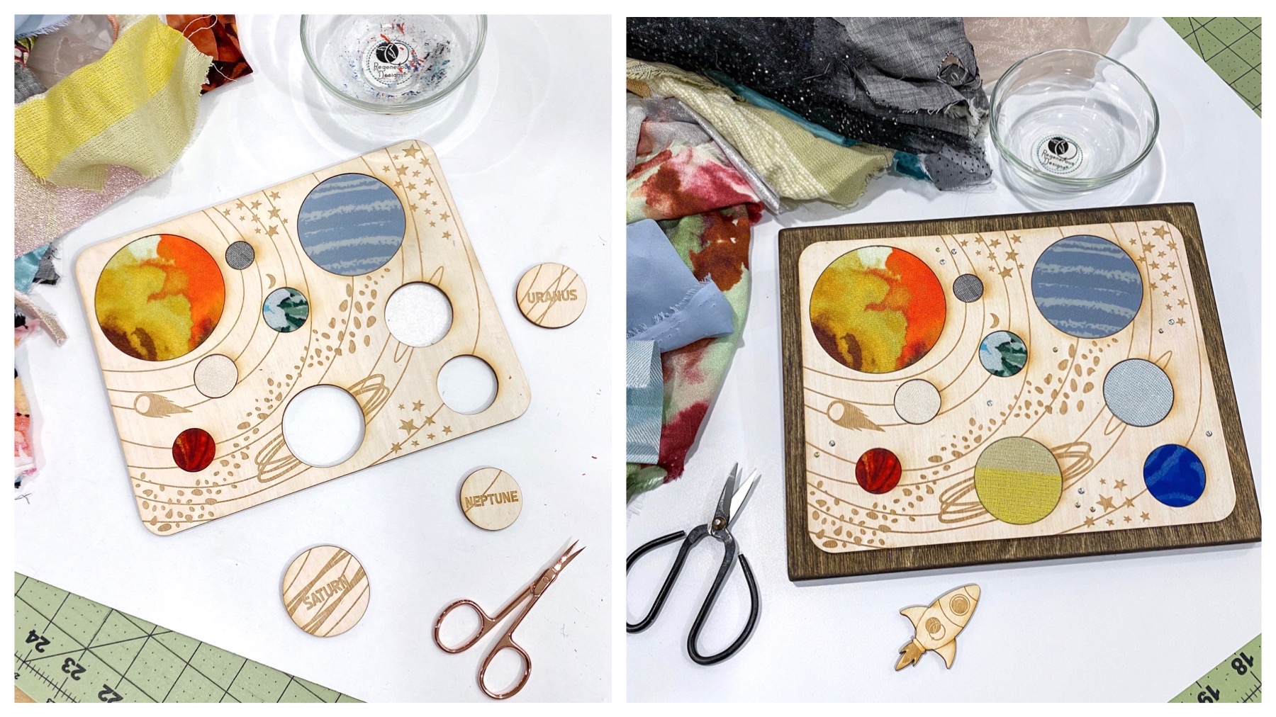 DIY educational art kit craft project for kids - textile and wood solar system space galaxy planets astronaut