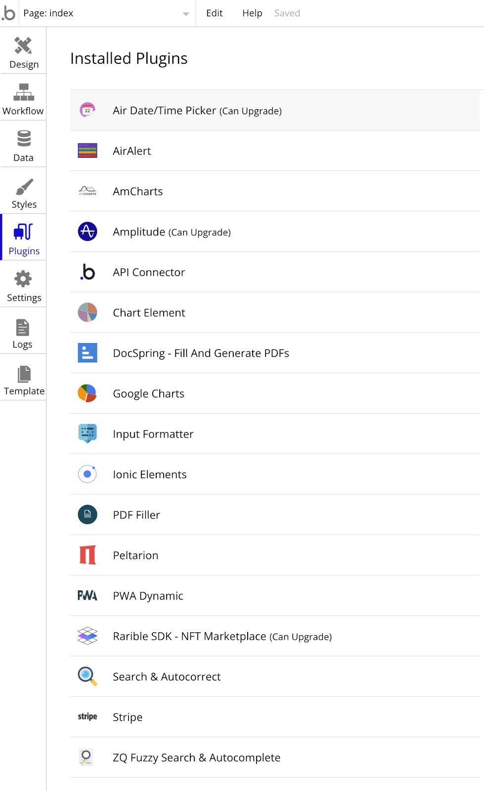 Bubble.io scheenshot showing the plugins we used to build ENKI