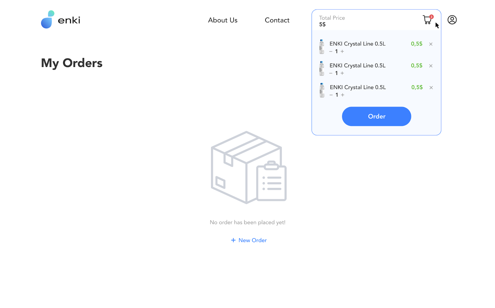 ENKI: The My Orders screenshot with the Cart popup activated