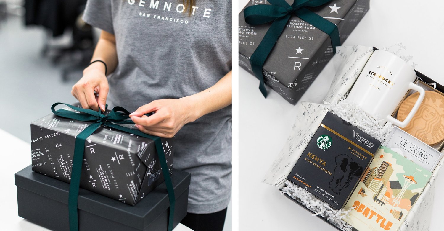 Custom wrapping Starbucks' candidate gift boxes. (Photo courtesy of Nathalie Cheng)