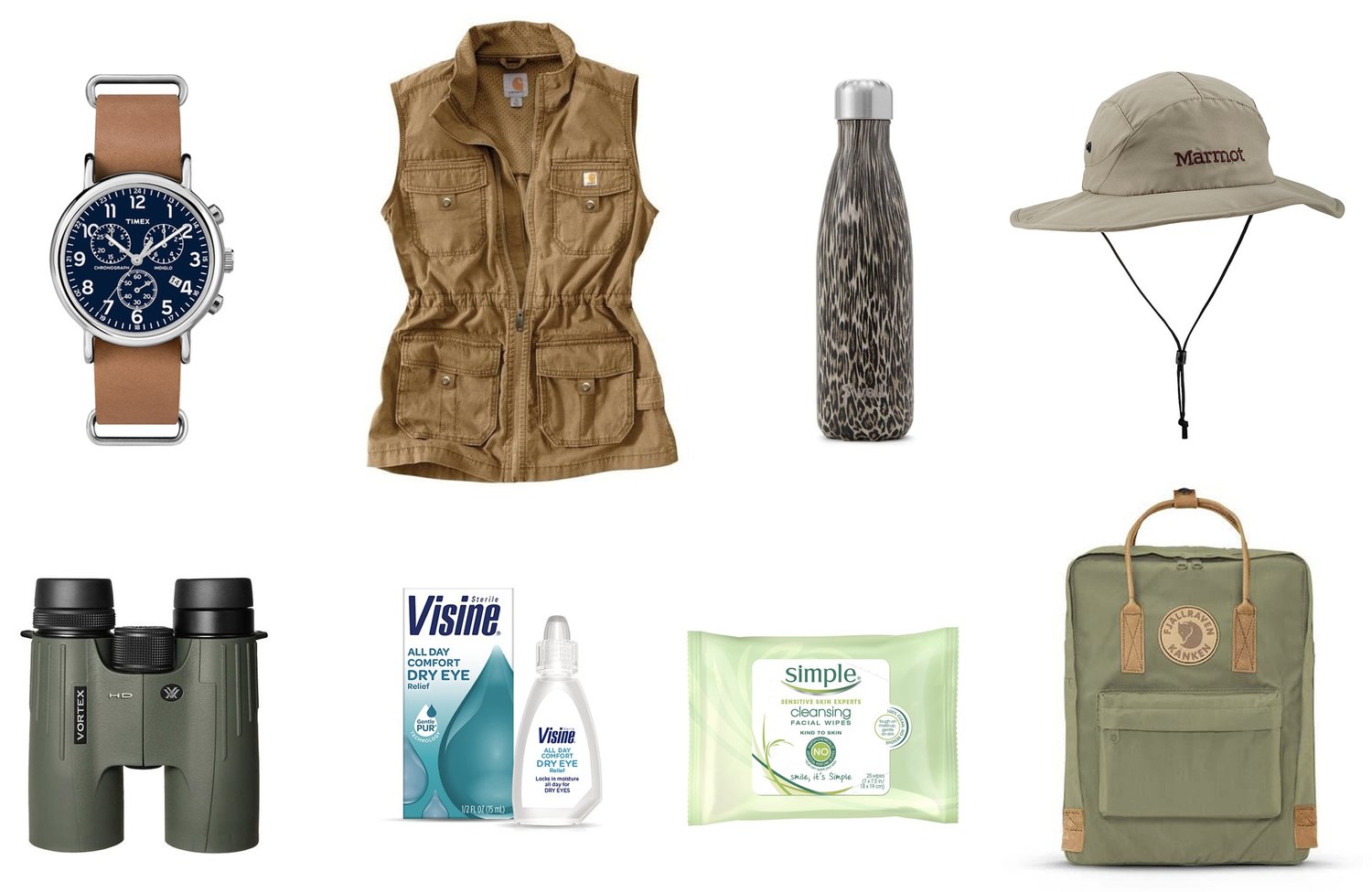 1) Timex Weekender Chrono Oversized Watch 2) Carhartt Women's El Paso Utility Vest 3) S'well Khaki Cheetah Bottle 4) Marmot Simpson Sun Hat 5) Vortex Viper HD Binoculars 6) Visine All Day Comfort Dry Eye Relief 7) Simple Cleansing Facial Wipes 8) Fjallraven Kanken No.2 16L Backpack in Green