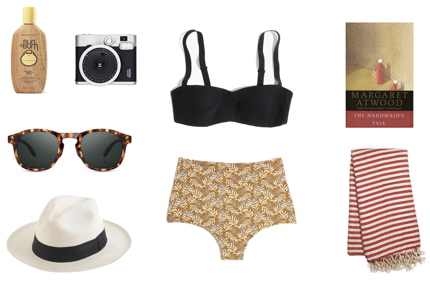 1) Sun Bum SPF 50 Original Sunscreen Lotion 2) Fujifilm Instax Mini 90 Neo Classic in Black 3) Bathing Suit 4) The Handmaid's Tale by Margaret Atwood 5) Sunski Foothill Sunglasses 6) Panama Hat 7) Turkish Beach Towel
