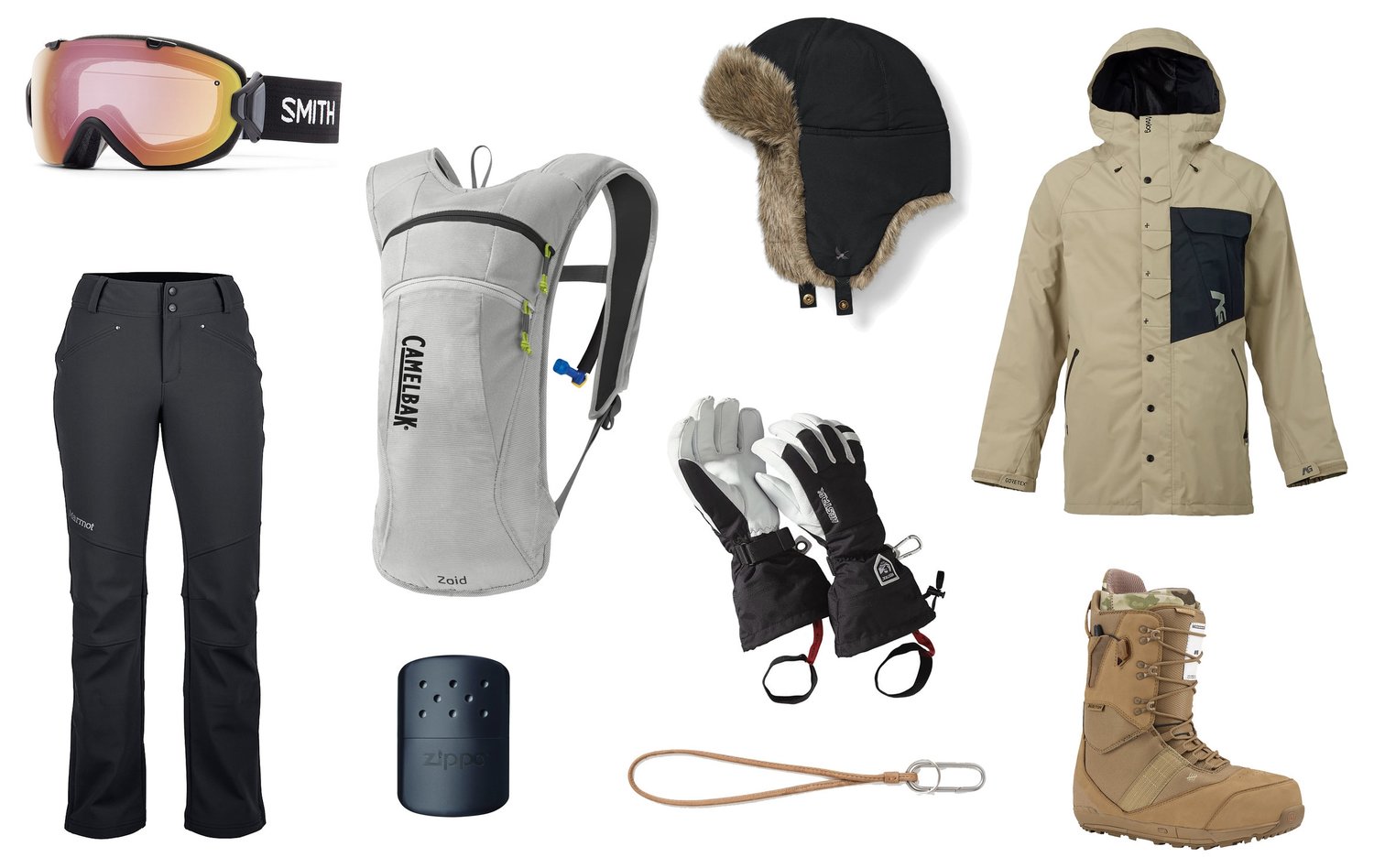 1) Smith I/OS Photochromic Snow Goggles 2) CamelBak Zoid Hydration Pack in Silver 3) Eddie Bauer Down Aviator Hat in Dk Smoke 4) Analog Zenith Gore-Tex Snowboard Jacket 5) Marmot Wm's Kate Pant in Black 6) Zippo 12-Hour Hand Warmer in Black 7) Hestra Heli Glove 8) Leather Keyring Lanyard 9) Burton 2016 Fiend LTD Snowboard Boots UNDFTD