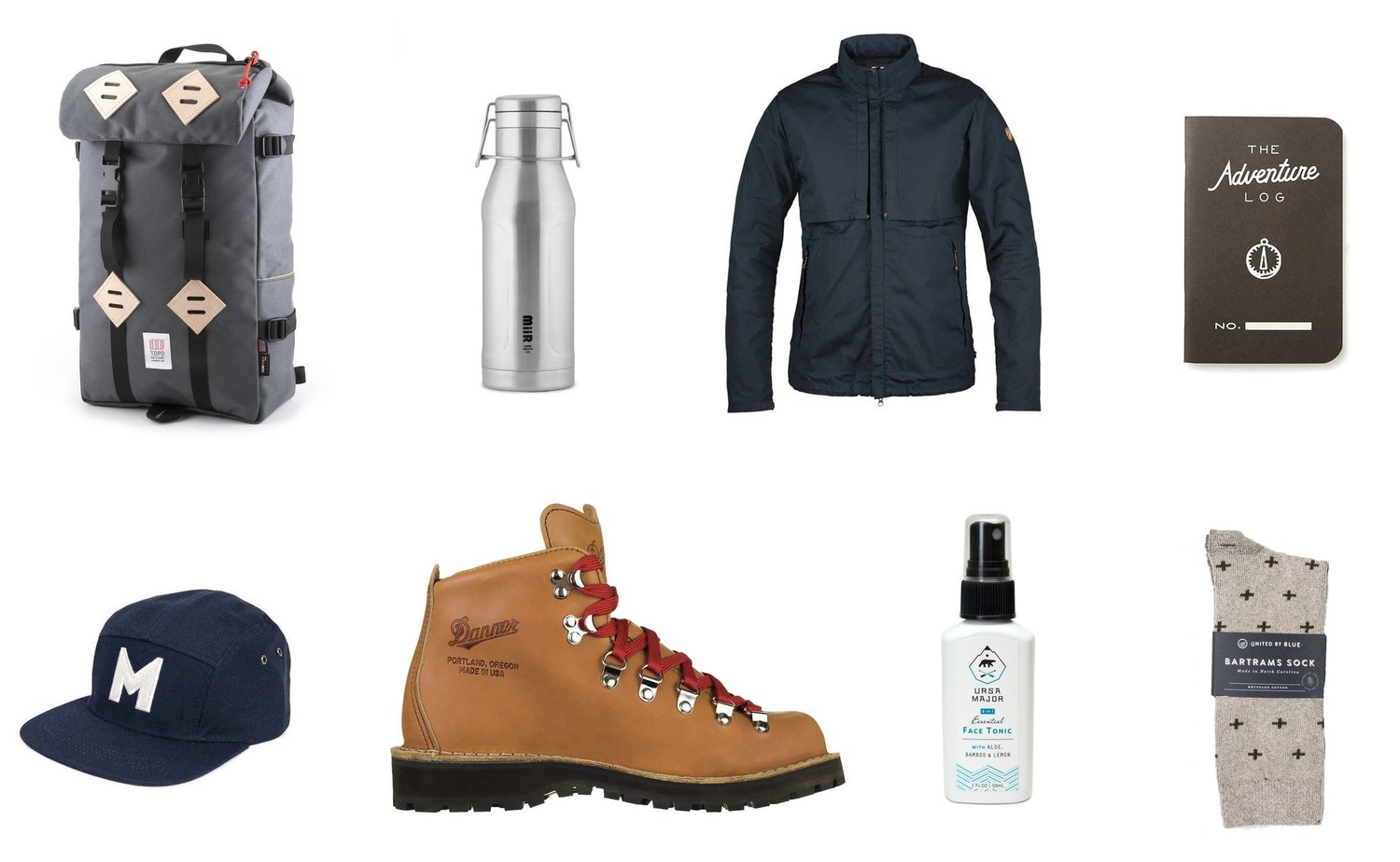 1) Topo Designs Klettersack in Charcoal 2) Miir Heritage Howler in Stainless Steel 3) Fjallraven Travelers Jacket 4) The Adventure Log by Word. Notebooks in Black 5) Danner Portland Select Mountain Light Boot 6) Ursa Major 4-in-1 Essential Face Tonic 7) United by Blue Byers Bartrams Sock