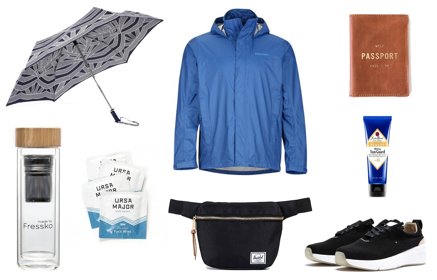 1) ShedRain RainEssentials Compact Umbrella in Sophie 2) Marmot PreClip Rain Jacket in Dark Cerulea n 3) Whipping Post Passport Wallet 4) Fressko Lift Flask 5) Ursa Major Essential Face Wipes 6) Herschel Supply Fanny Pack in Black 7) Rawrow 210 Wax Sneakers 8) Jack Black Sun Guard Sunscreen