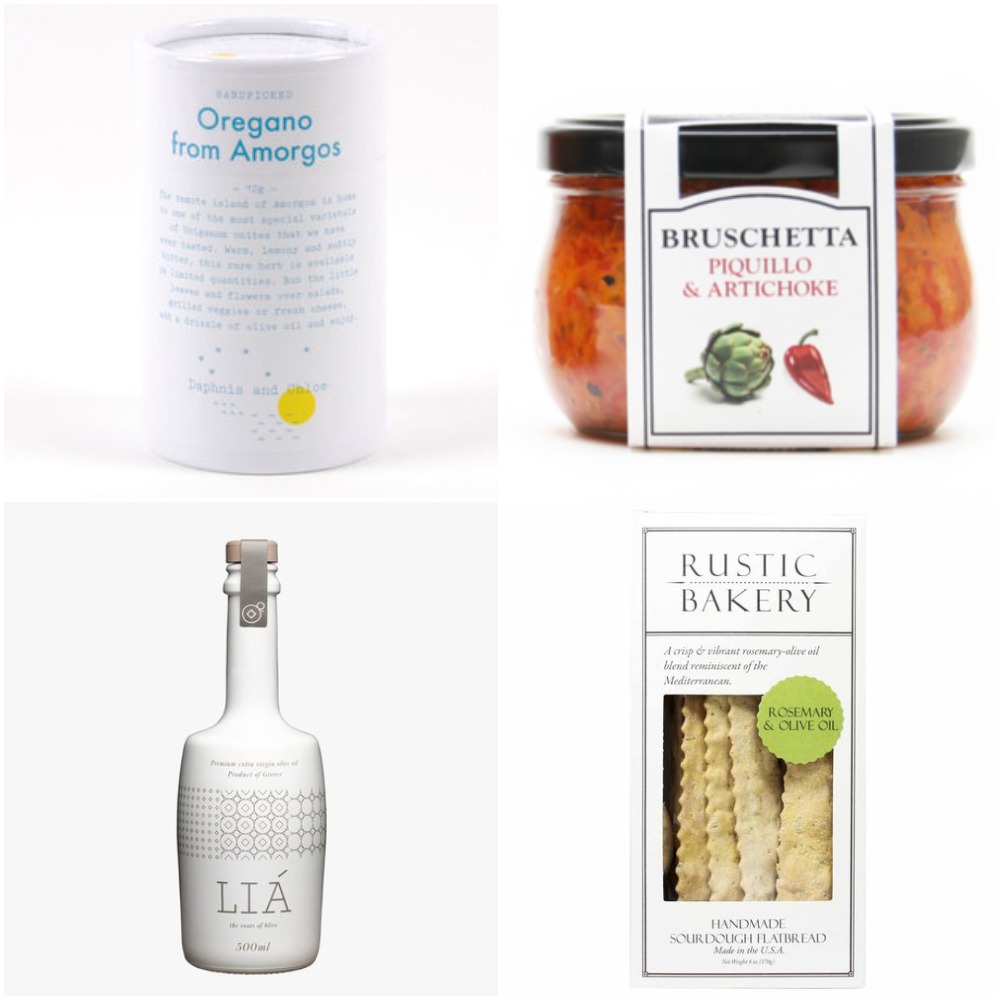 Rustic Bakery Crackers - a bottle of ILA EVOO - Daphne and Chloe oregano - Cucina & Amore Bruschettas