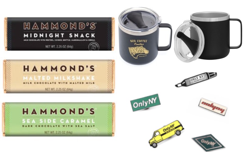 Modern Dopp Kit, Insulated Camp Mug, Hammond’s Chocolate Bar, Custom Enamel Pin