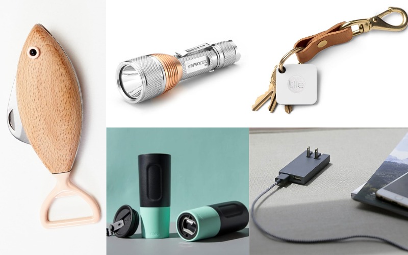 Smart Native Union Charger, Silver Flashlight, Tile Key Tracker, Fish Pocket Knife, Bottle Opener Water Cup