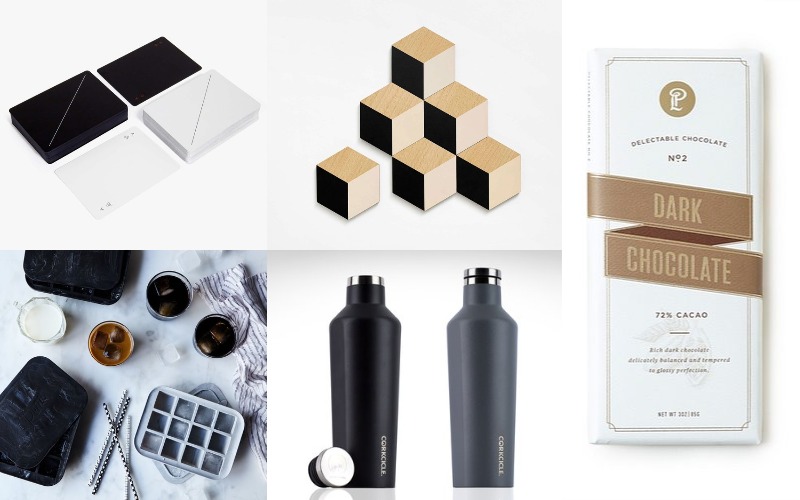 Minimalist playing cards, Lolli & Pops Dark Chocolate, Corkcicle 9oz Insulated Beverage Bottle, Areaware Tile Coasters, Peak Everyday Ice Trays