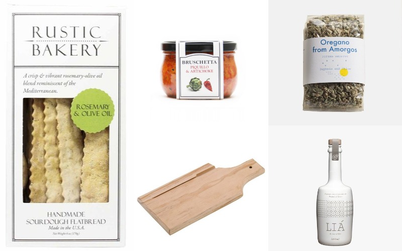 Winco Wood Bread Board, Rustic Bakery Crackers, Cucina & Amore Bruschettas, ILA Extra Virgin Olive Oil, Daphne & Chloe Oregano