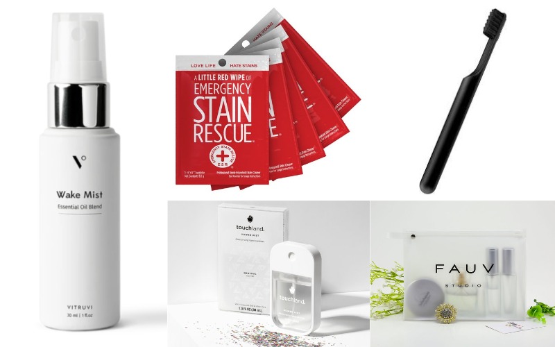 Quip Toothbrush, Vitruvi Wake Mist, Touchland Hand Sanitizer, Plastic Amenities Pouch, Stain Rescue Wipes