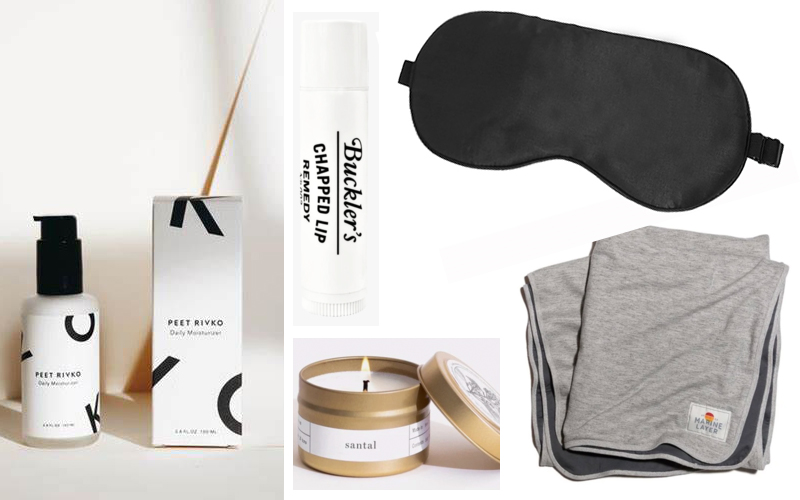 Peet Rivko Daily Moisturizer, Buckler’s Remedy Chapstick, Customized Eye Mask, Brooklyn Candle Co in Santal, Marine Layer Blanket