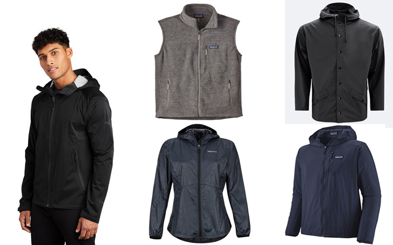 North Face All-Weather Dryvent Jacket, Patagonia Synchilla Vest, RAINS jacket, Marmot Polyester Trail Windbreaker, Patagonia Houdini Jacket