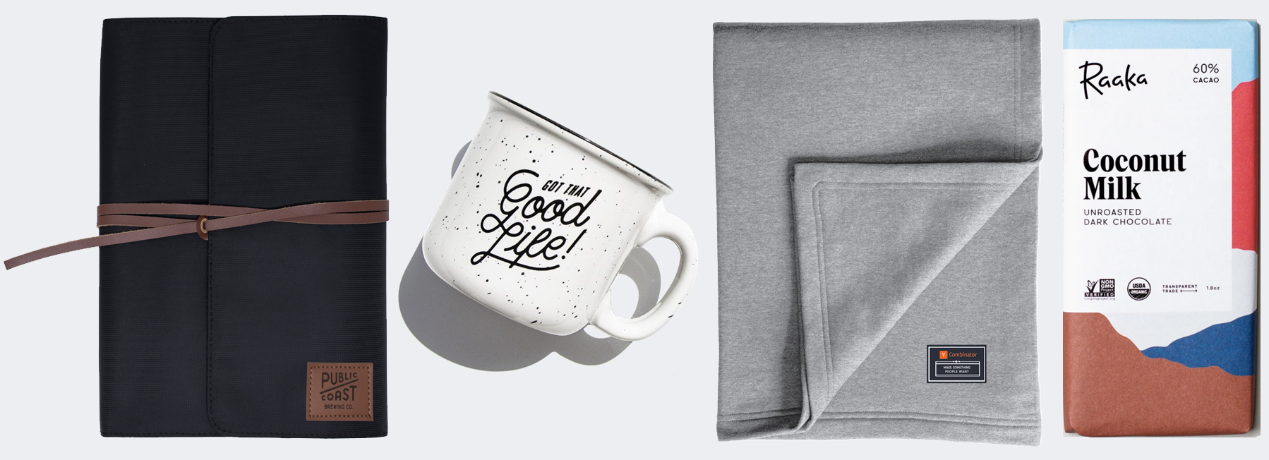 Modern Dopp Kit, Insulated Camp Mug, Sweatshirt Blanket, and Hammond’s Chocolate Bar